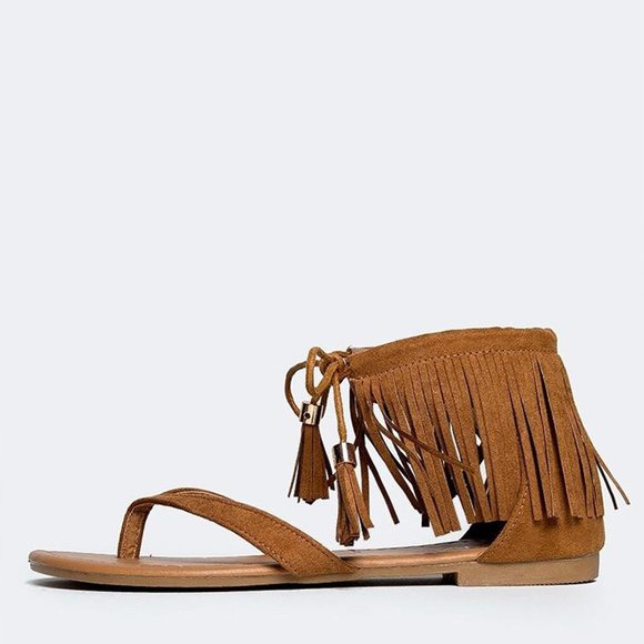 NEW Tan Fringe Ankle Cuff Lace Up Boho Flat Sandal Thong Open Toe - Picture 3 of 5